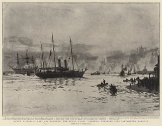 Königin Victorias letzte Seereise, die königliche Yacht Alberta, dampft in den Hafen von Portsmouth